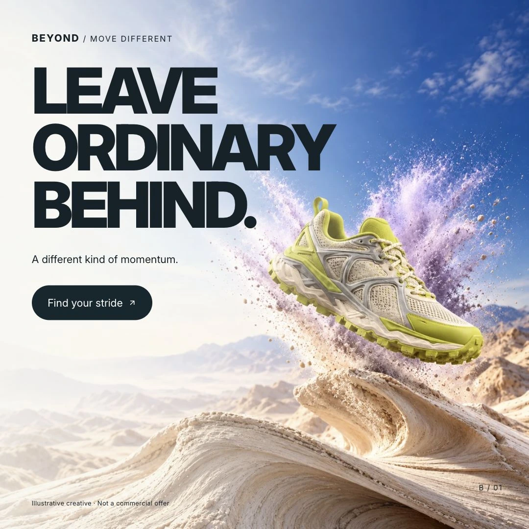 Beyond, square — Leave ordinary behind.. A different kind of momentum. Find your stride. Prepared illustrative artwork.